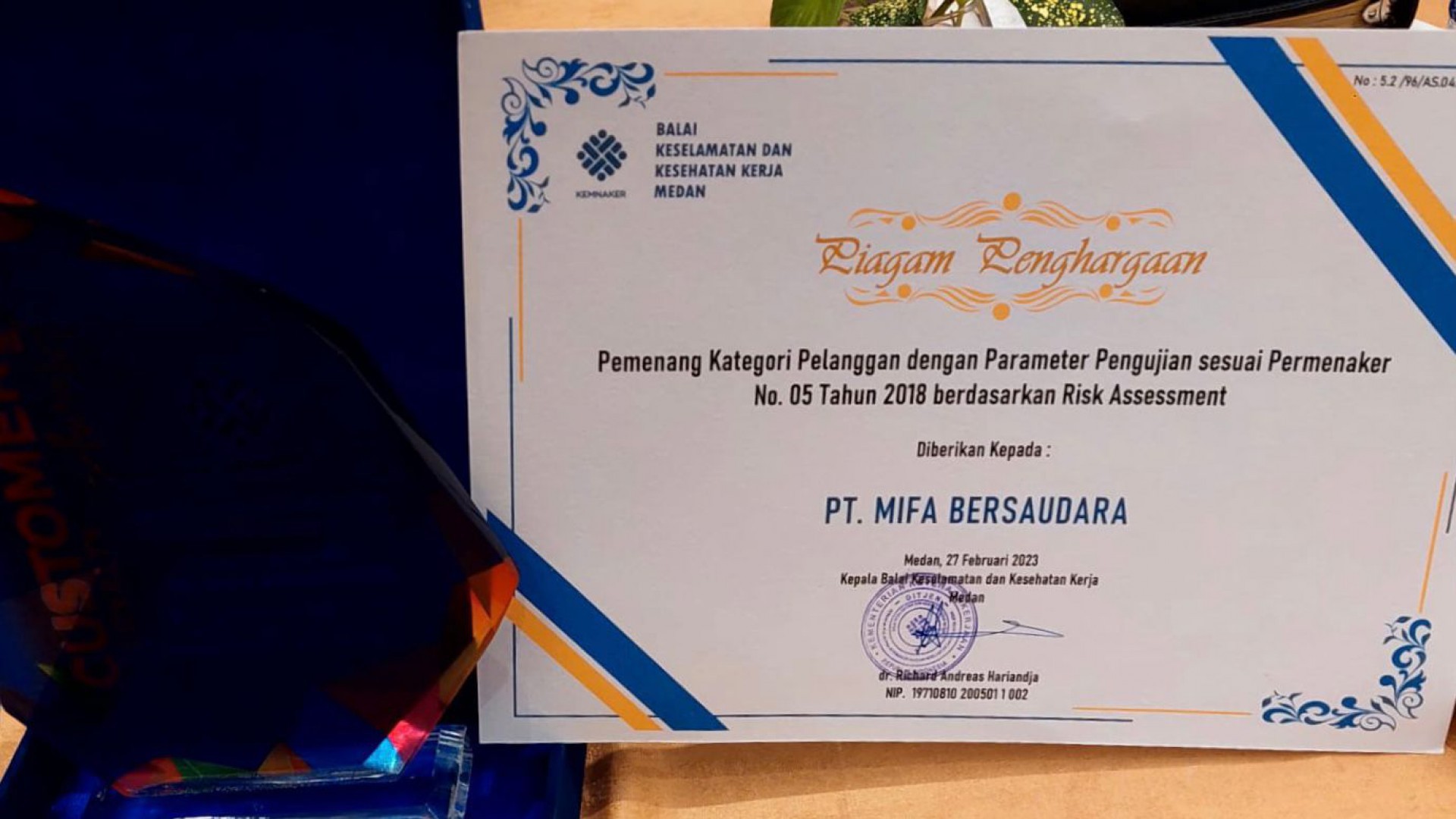 PT Mifa Raih Penghargaan Dari Balai K3 Medan Tahun 2023